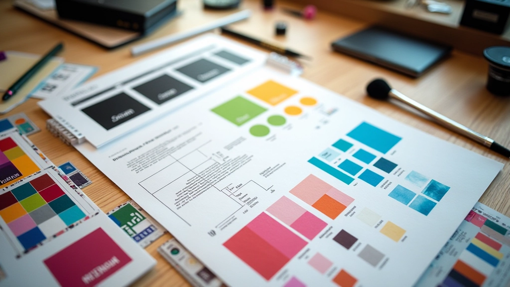 Barevná paleta a design prvky rozložené na pracovní ploše pro webový projekt