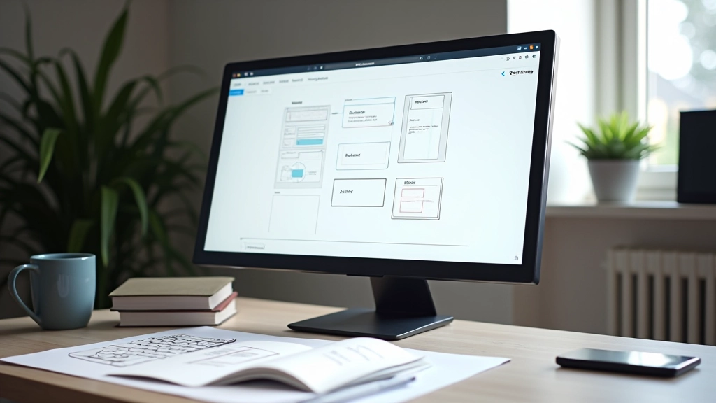 Počítač s otevřeným Figmou nebo nástrojem na wireframing, notebook s papírovou skicou, design software na obrazovce