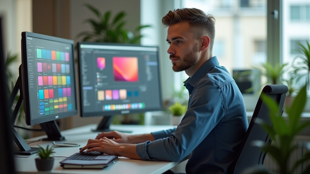 Designér pracuje na barevné paletě pomocí softwarových nástrojů na počítači