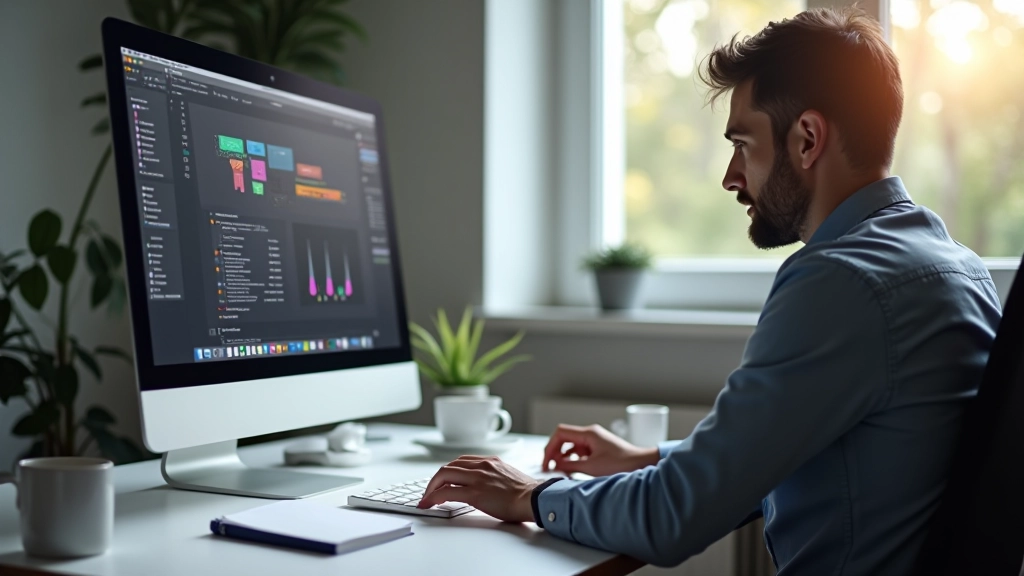 Designer pracuje na počítači s nástroji pro webdesign a kreativními projekty na stole