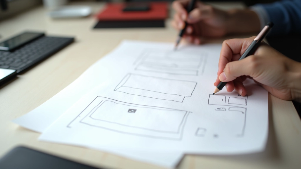 Ruční skica webového rozhraní s jednoduchými čarami a strukturou, tužka na papíře, profesionální design tým pracuje v pozadí